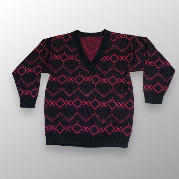 Pink Black Graphic V Neck Sweater - Picture 1 of 4